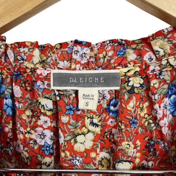 Pleione Women's Micro Floral Ruffle Short Sleeve Red Blue Yellow Sz S - Picture 5 of 8